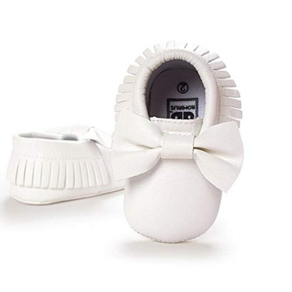 White Infant Baby Fringe Bow Moccasins Shoes 6-12